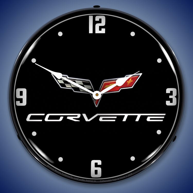 C6 Corvette 14” Black Tie Backlit LED Clock - Vette1 - C6 Clocks