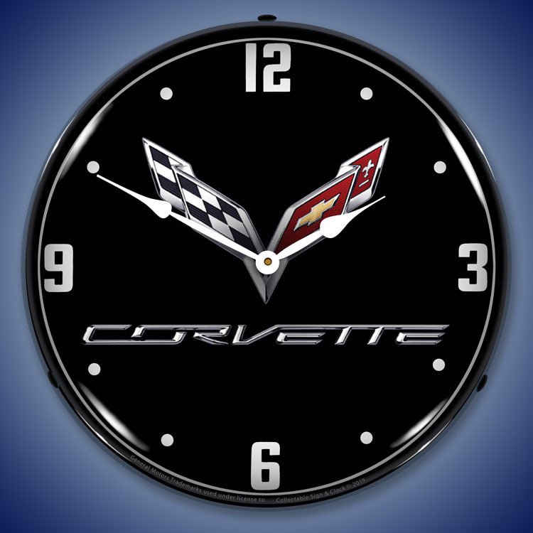 C7 Corvette 14” Black Tie Backlit LED Clock - Vette1 - C7 Clocks