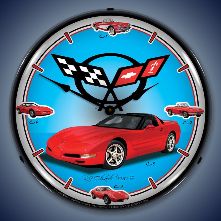 C5 History Corvette 14” Backlit LED Clock - Vette1 - C5 Clocks