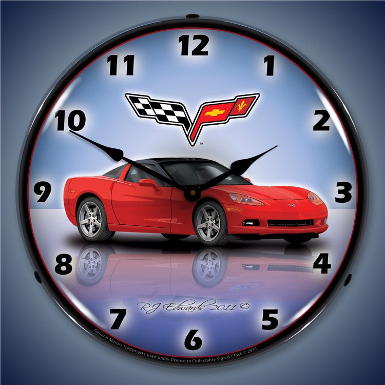 C6 Corvette Torch Red 14” Backlit LED Clock - Vette1 - C6 Clocks