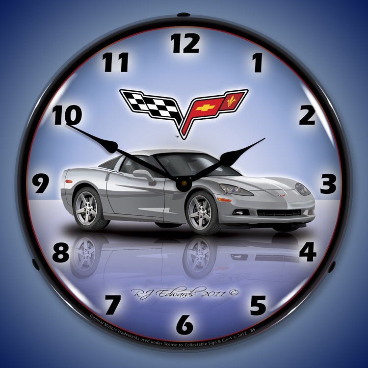 C6 Corvette Blade Silver 14” Backlit LED Clock - Vette1 - C6 Clocks