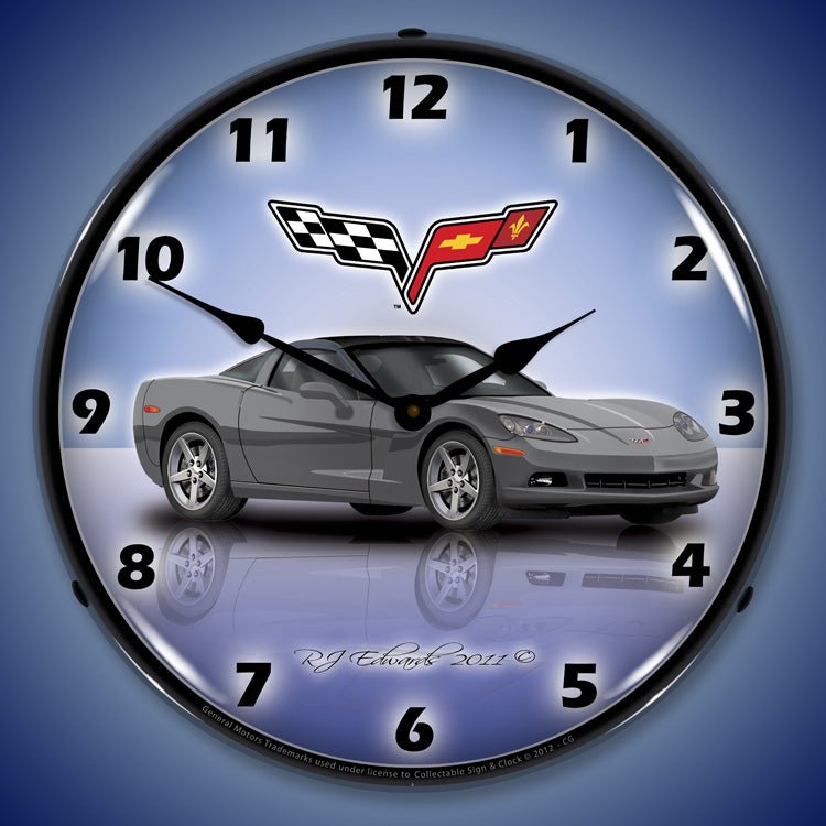 C6 Corvette Cyber Grey 14” Backlit LED Clock - Vette1 - C6 Clocks