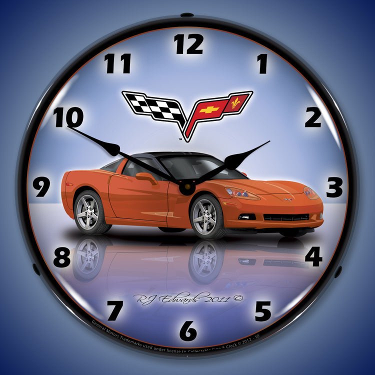 C6 Corvette Inferno Orange 14” Backlit LED Clock - Vette1 - C6 Clocks