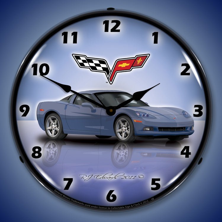 C6 Corvette Supersonic Blue 14” Backlit LED Clock - Vette1 - C6 Clocks