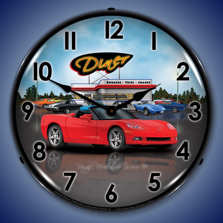 C6 Corvette Convertible Diner 14” Backlit LED Clock - Vette1 - C6 Clocks