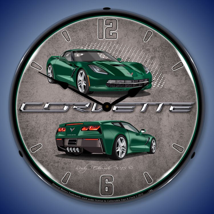 C7 Corvette Lime Rock Green 14” Backlit LED Clock - Vette1 - C7 Clocks