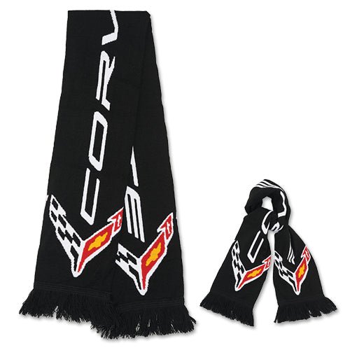 C8 2020-2024 Chevrolet Corvette Scarf - C8 W Flags & Script - Black - Vette1 - C8 Scarves