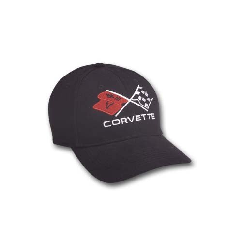 Corvette C2/C3 Crossed Flags Logo Cap - Black - Vette1 - C2 Hats & Caps