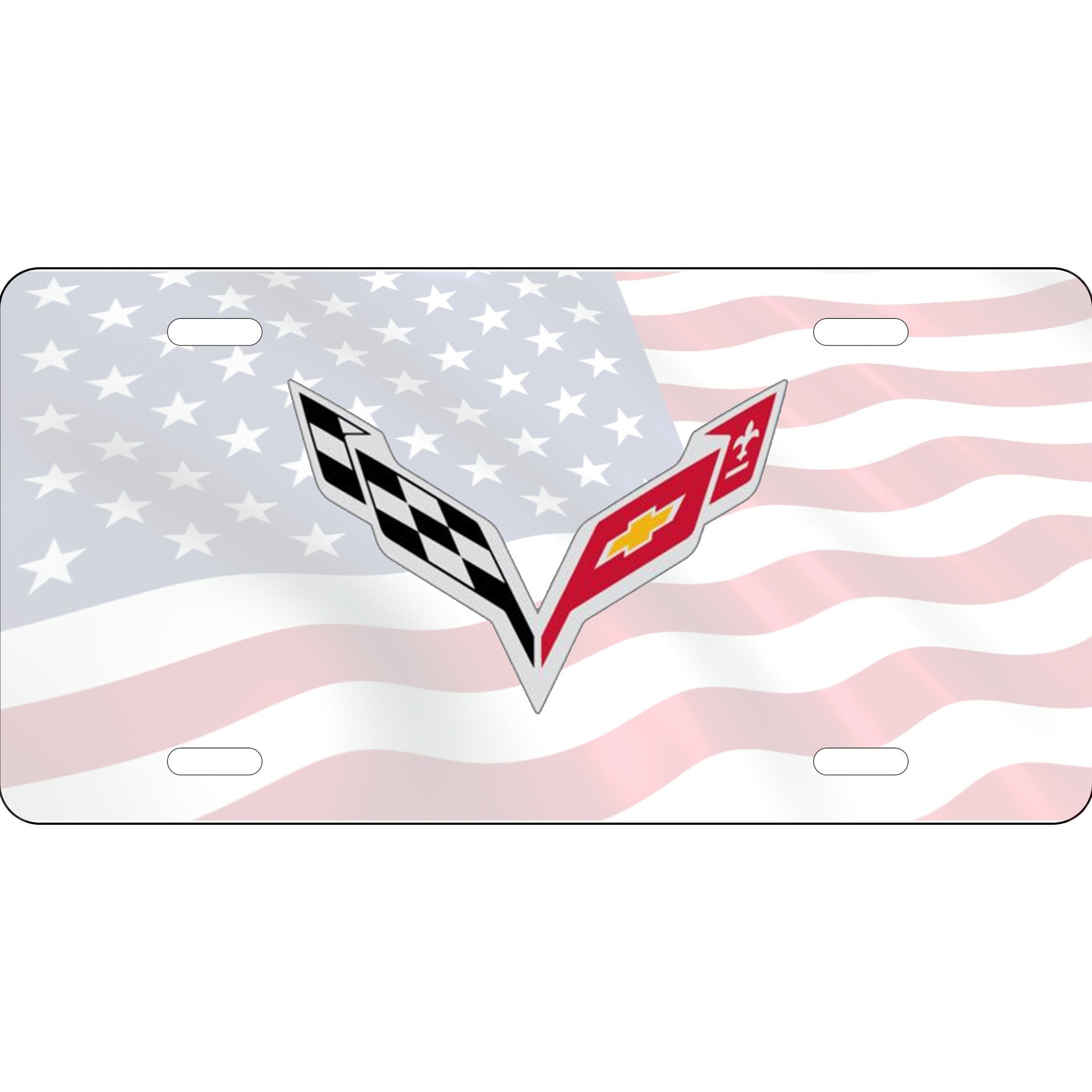 Corvette C7 Logo License Plate Carbon Fiber Look, Black Background, American Flag - Vette1 - C7 License Plates