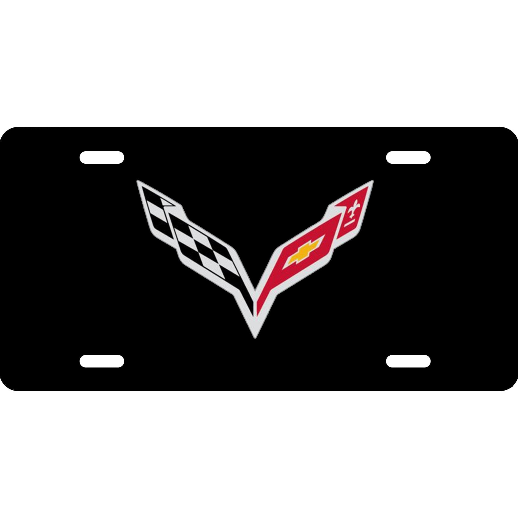 Corvette C7 Logo License Plate Carbon Fiber Look, Black Background, American Flag - Vette1 - C7 License Plates