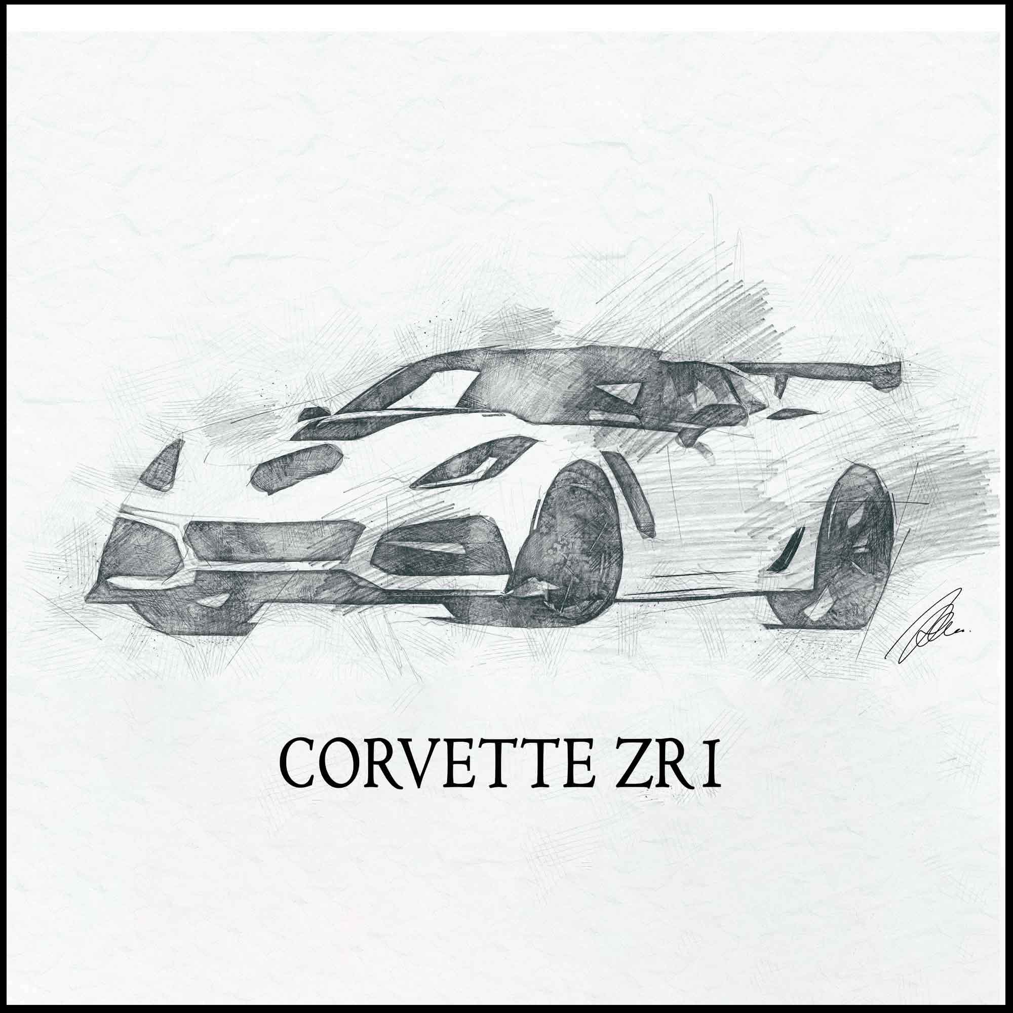 Corvette C7 ZR1 Black & White Pencil Sketch Print - Vette1 - Wall Art