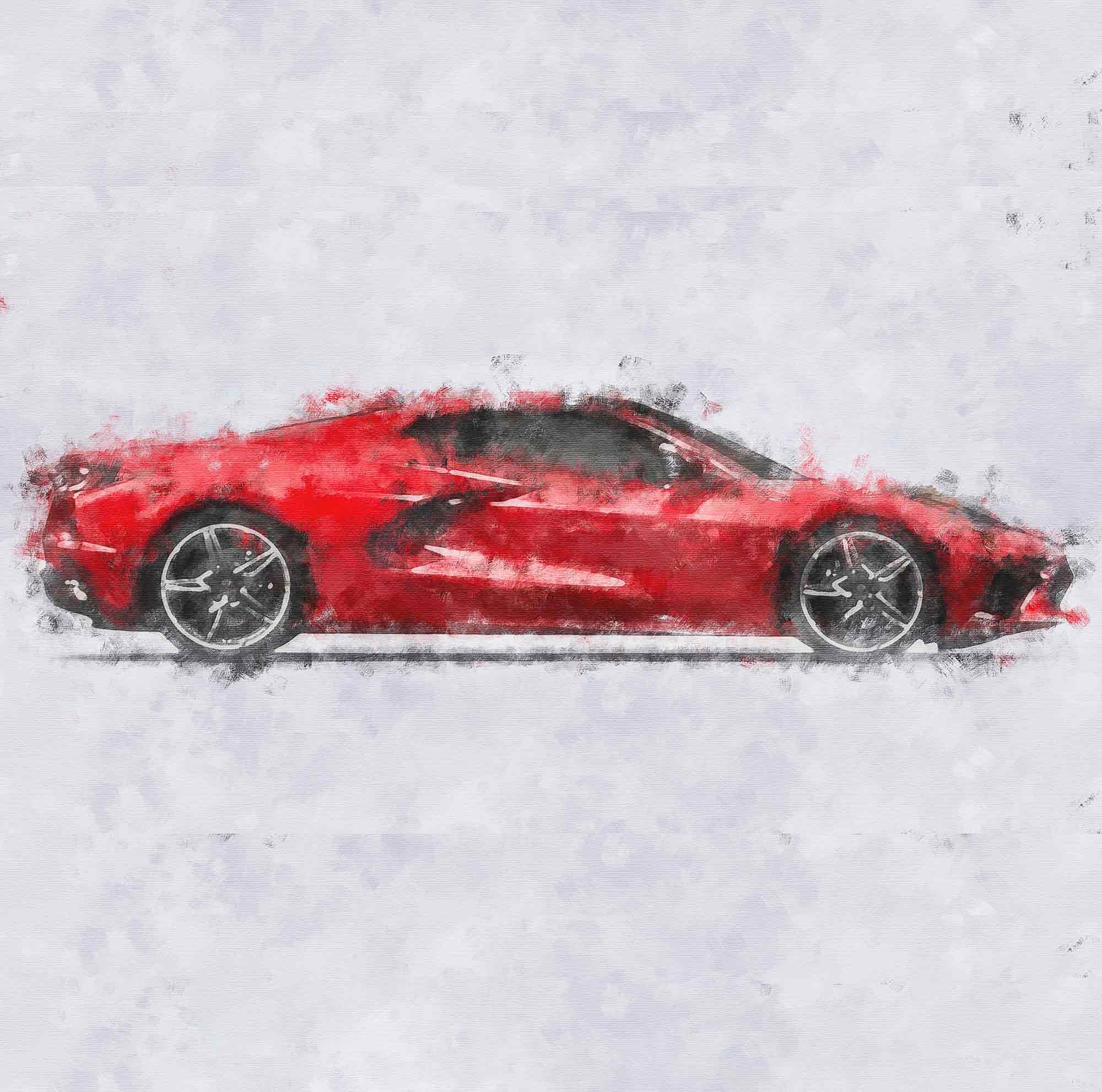 Corvette C8 Digital Watercolor-Look Poster Print - Torch Red - Vette1 - Wall Art