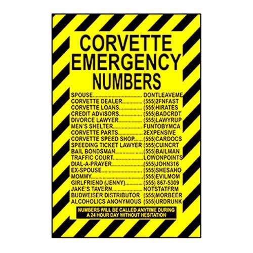 Corvette Emergency Numbers Metal Sign - Vette1 - Misc. Signs