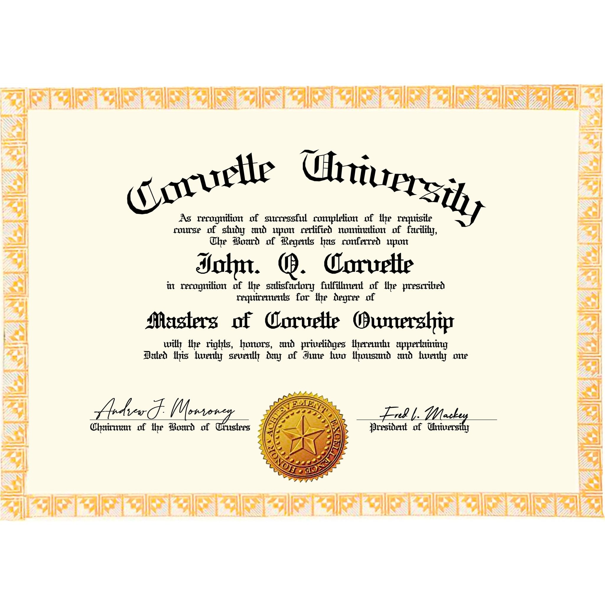Get Your Diploma from THE Corvette University - This is a Great Gift for Dads or for the other Corvette Lover in Your Life - Vette1 - Corvette University