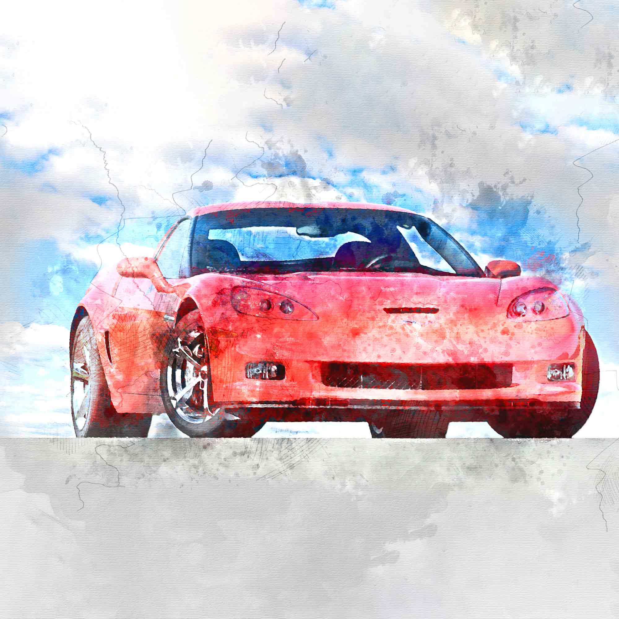 Red Corvette C6 Watercolor Print 4 Sizes - Vette1 - C6 Downloads